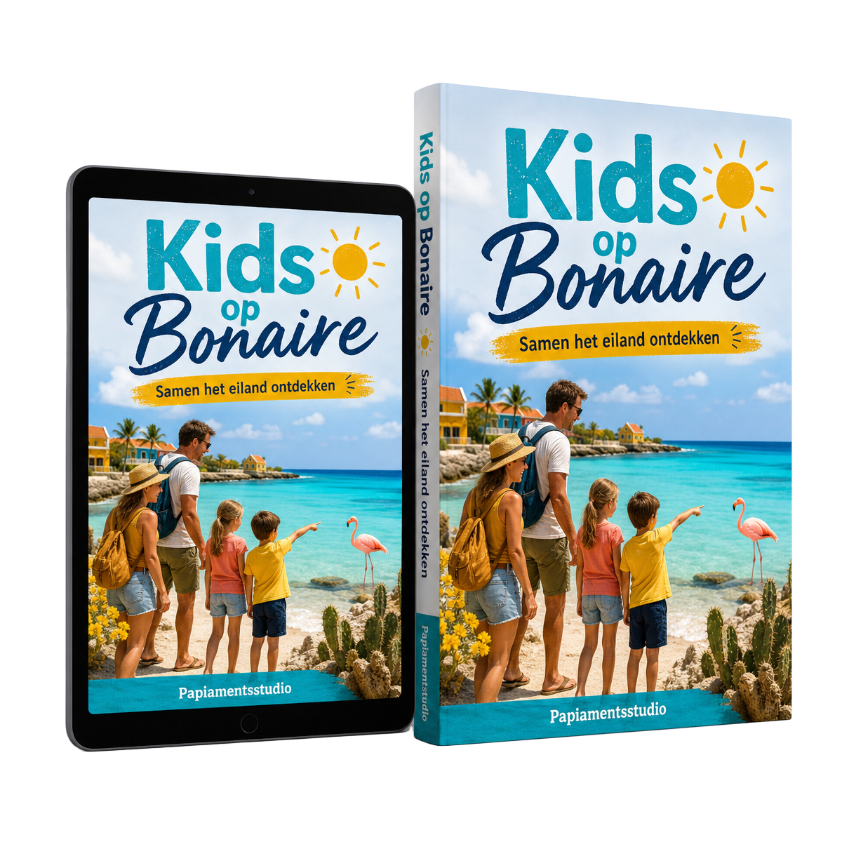 Mock-up van het e-book Kids op Bonaire op een tablet en als gids